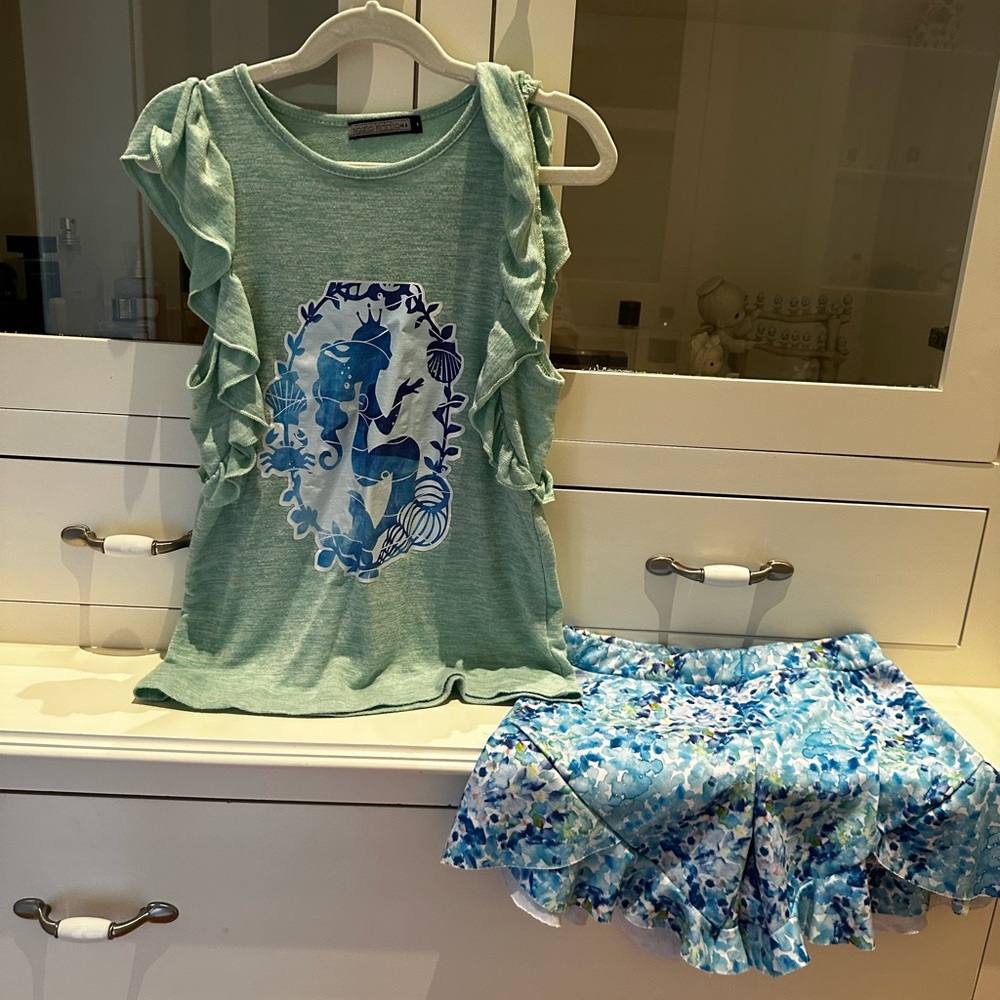Mermaid Green Ruffle Top and Blue Floral Short Set